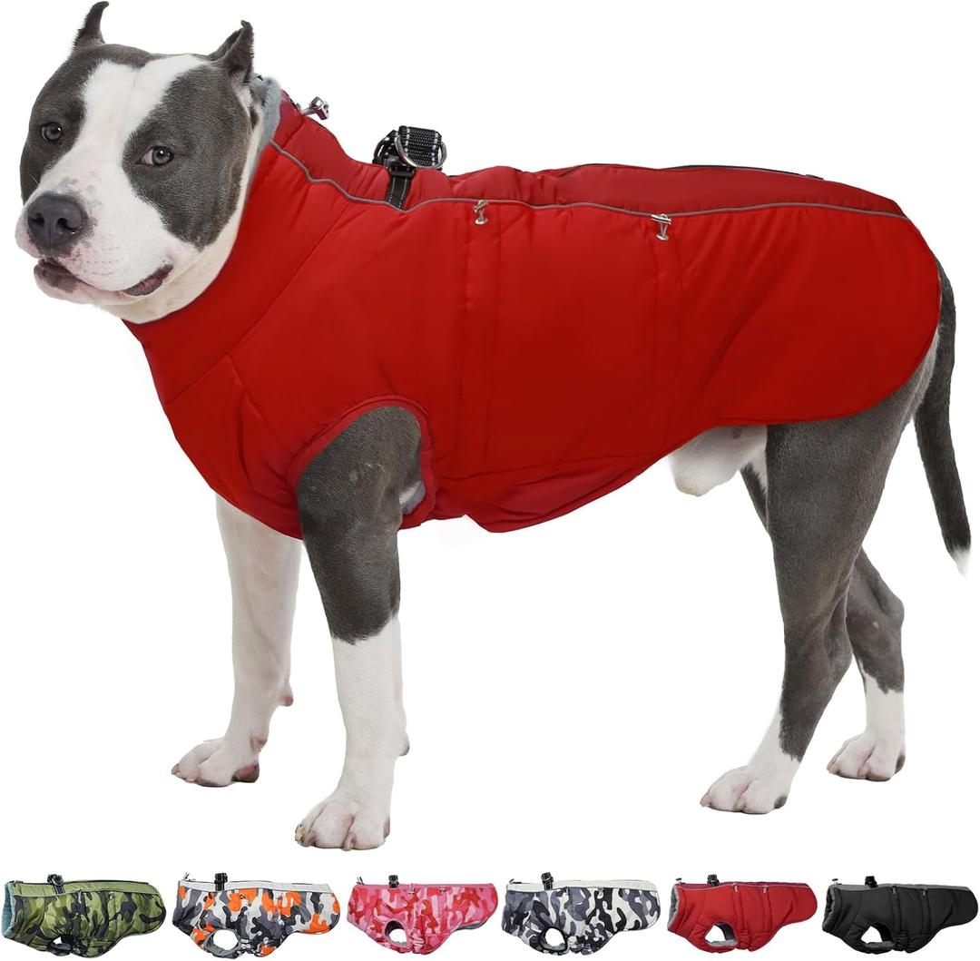 Dog Winter Jacket - 3X Large, Warm Zip Up Snowsuit Dog Harness Vest, Reflective, Water-Resistant, Red (XXX-Large (Chest: 42.5"))