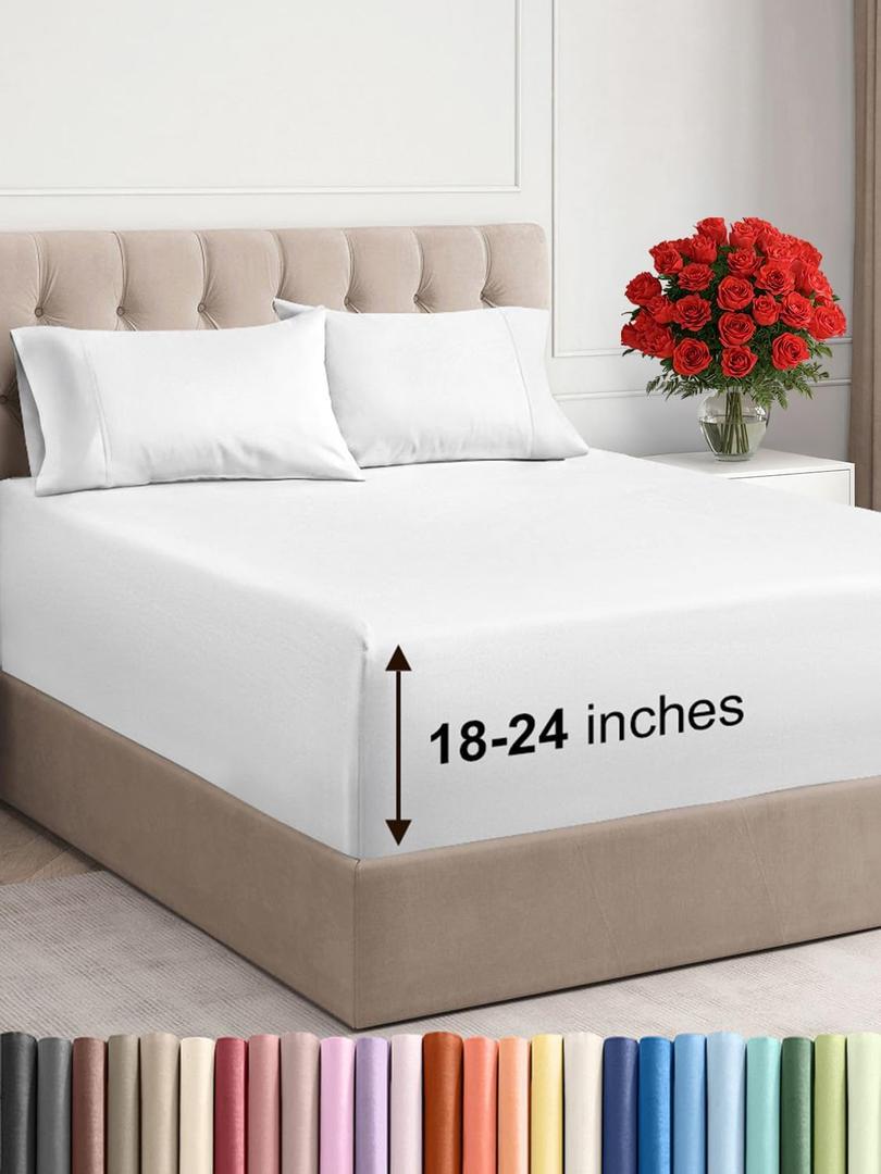 Extra Deep Pocket King Sheets - 4 Piece Breathable & Cooling Bed Sheets - Hotel Luxury Bed Sheet Set - Soft, Wrinkle Free & Comfy - Easily Fits Extra Deep Mattresses - Deep Pocket White Sheets Set