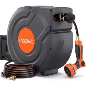 Upgraded Retractable Garden Hose Reel 5/8 inch x 100 ft Wall-Mounted 9 Pattern Nozzle Any Length Lock Automatic Slow Return 180 Swivel UV Resistant Heavy Duty Hose Reels for Outside
