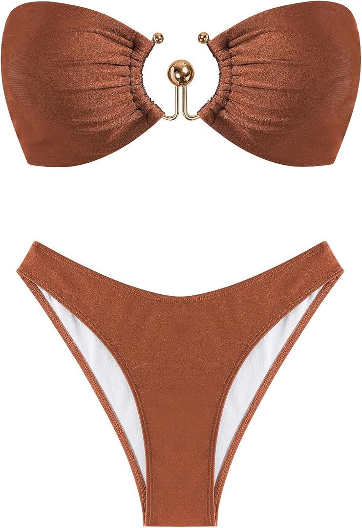 ZAFUL Womens Bandeau Bikini Set Metallic Sparkly O Ring Lace Up Tie Side High Cut Tanga Sexy Bathing Suit Swimwear, A-Brown, (Small)