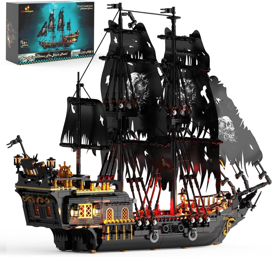 JMBricklayer Pirate Ship Building Toys with Lights, Pearl Pirate Ship Model Boat Kit 40002, Black Ship Toy Building Sets for Adult Teens 14+, Home Office Decor Valentines Gifts(1713 PCS) New Upgrade