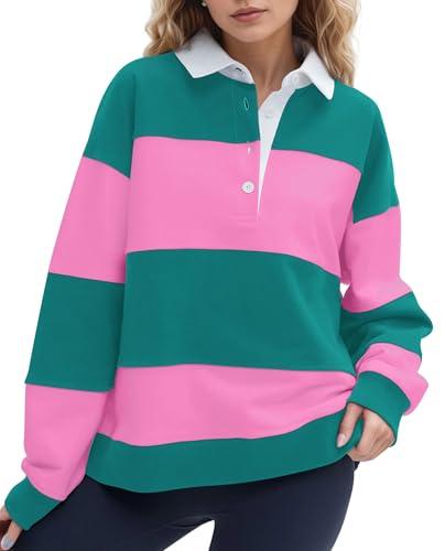 SHBECYDE Women Striped Color Block Polo Sweatshirt Lapel Collared Long Sleeve Oversized Rugby Shirt 2025 Trendy Fall Clothes Pink-Green, Size Large