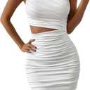 Floerns Women's One Shoulder Cut Out Ruched Dress Asymmetrical Sleeveless Bodycon Mini Dress (Medium, White)