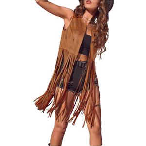 BEAUDRM Women's Fringe Vest Sleeveless 70s Hippie Faux Suede Trim Western Cowgirl Tassel Jacket Cardigan Deep Brown, X-Large