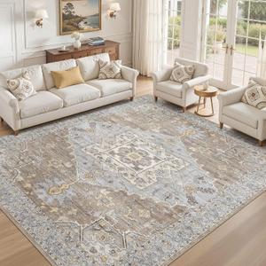 8x10 Washable Area Rugs for Living Room: Non Slip Vintage Brown Gray Rug, Large Soft Stain Resistant Indoor Floor Carpets for Bedroom Dining Room Nursery Home Office Kid & Pet Friendly