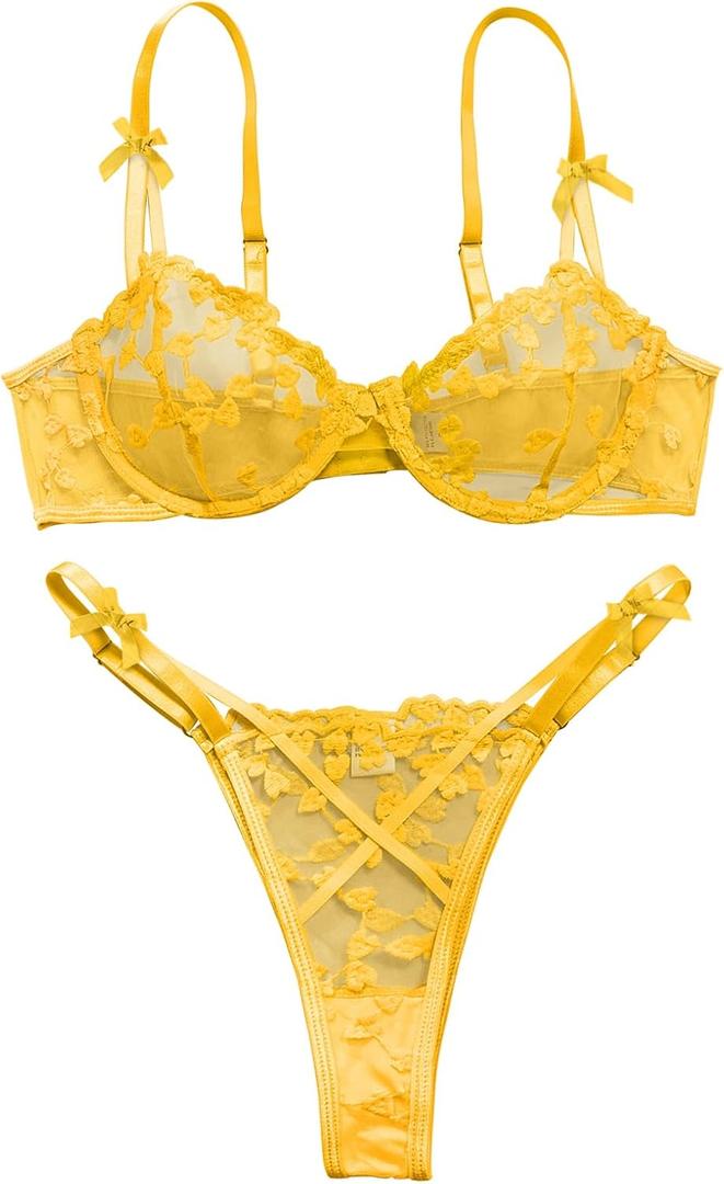 Lilosy Sexy Underwire Cute Push Up Strappy Embroidered Mesh Sheer Lingerie Set See Through Panty Bra (Small, Bow Yellow)
