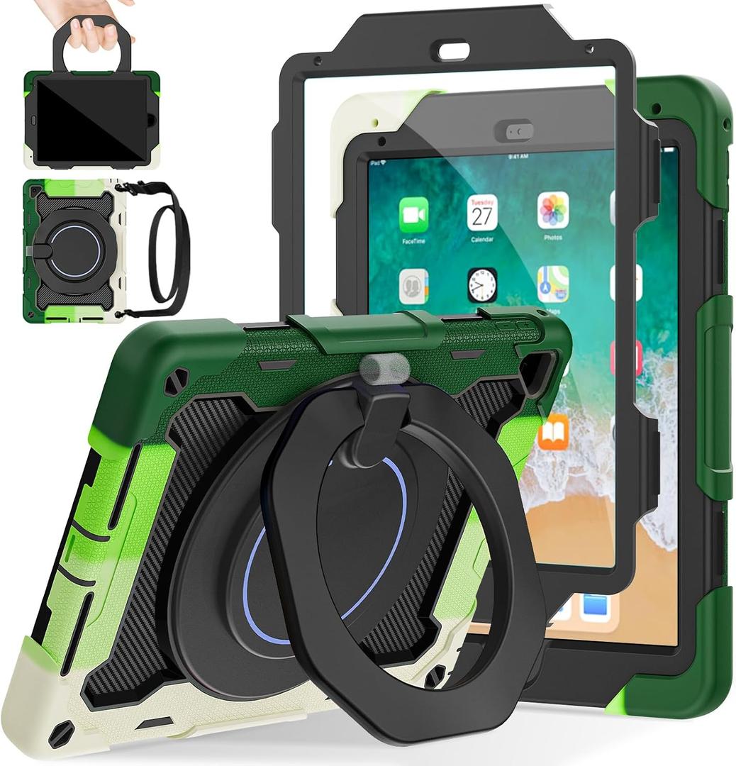 ROISKIN iPad 6th 5th Generation Case 9.7 Inch, Pro 9.7, Air 2 with 360 Kickstand Hand Strap [Screen Protector, 15ft Drop Protection]Heavy Duty Air 2 /Pro 9.7 / iPad 6th 5th Gen Case for Kids Women Men (Black+green)