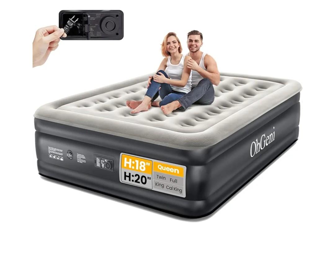 OhGeni Queen Air Mattress with Built in Pump, Inflatable Blow Up Mattress 18 Raised Comfort,Upgraded Surface Portable Mattress, Air Bed for Camping, Home and Guest, Colchone Inflable, 650 lbs Max