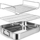 15.5" Stainless Steel Roasting Pans with Handles, Baking Pan for Oven with 2 Racks, Heavy Duty, Dishwasher Safe Rectangular Lasagna Pan with Handles for Turkey Chicken, Silver