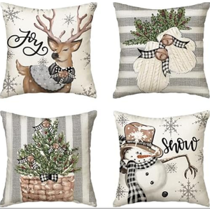 Christmas Outdoor Pillow Covers, 18 x 18 inch Set of 4 Waterproof Throw Pillow Cases, New Year Cushion Decor for Home Outside Patio Front Porch House Farmhouse 2024(Style A)