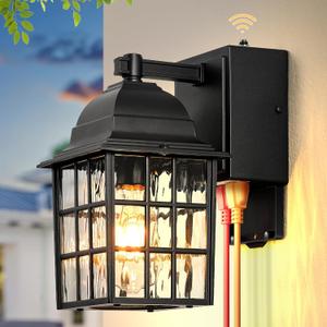 Gleamz Dusk to Dawn Outdoor Porch Light with GFCI Outlet, Modern Black Exterior Lighting Fixtures Wall Mount for House, Anti-Rust Outdoor Wall Sconce Lantern for Garage Coach with Water-Ripple Glass (D2D 1-Pack)