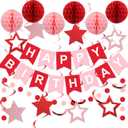 meowtastic Birthday Decorations, Happy Birthday Banner with Honeycomb Balls, Stars Hanging Swirl Streamers, Circle Dots Garland, Happy Birthday Party Decorations for Women Men Boys Girls (Red)