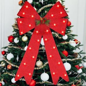 Zeyune 21.6 x 15.7 Inch Large Lighted Christmas Bows Red, Big Red Bow with Light Glitter Sparkly for Christmas Decorations Indoor Outdoor, Xmas Decor for Wreath Fence Stairs Fireplace Front Door 