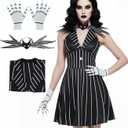 Poboola Christmas Night Jack Cosplay Costume Women Gothic Black Dress Stripe V-neck Bowtie Halloween Fancy Dress Outfit (Black, L)