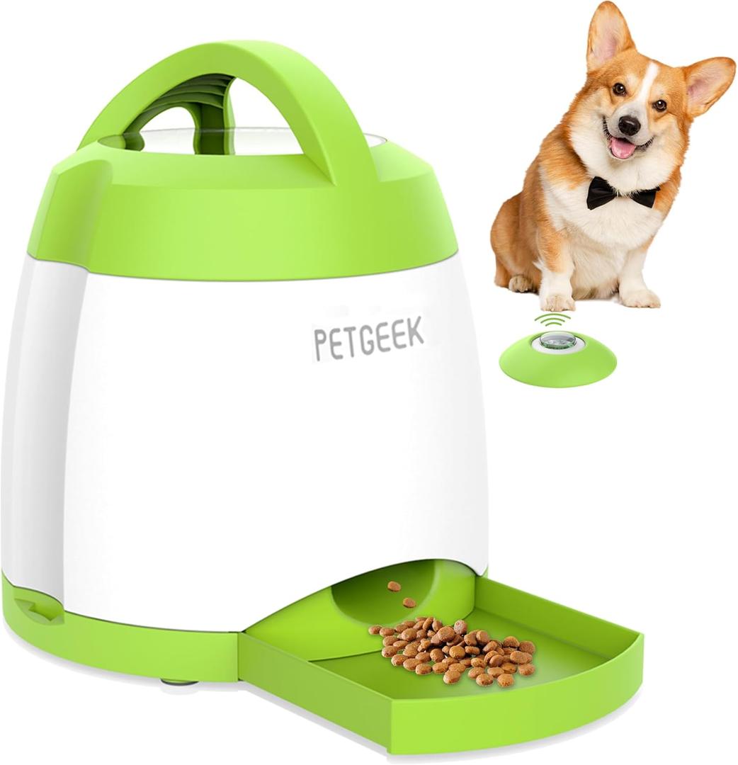 PETGEEK Dog Food Dispenser Toy, Interactive Pet Toys Treat Dispensing for IQ Training, Automatic Dog Treat Dispenser with Button Remote Push, Dual Power Supply for Indoor Outdoor Use, Green Color (Model 1-Install Battery)
