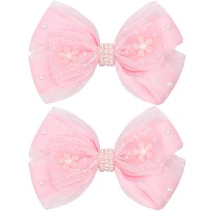 KISZU 4.5 Inch Flower Hair Bow Clips, Organza Bows with Pearls Big Hair Accessories for Baby Girls Kids Children Teens and Women (Pink)