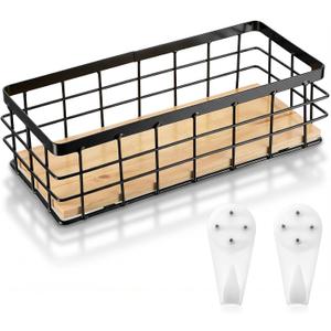 Metal Wire Storage Basket Farmhouse Small Basket Bin with Wooden Bottom Farmhouse Decor, Containers Organizing Baskets Caddy Bin for Kitchen Bathroom Pantry Laundry, 10*4.1*3inch