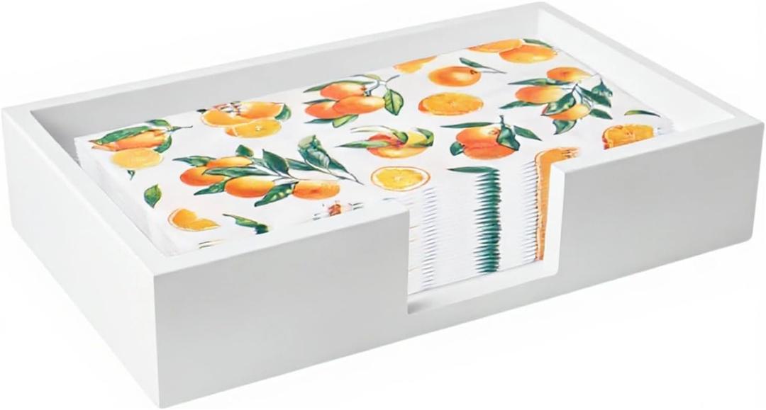 Guest Towel Napkin Holder, Wood Paper Hand Towel Holder Tray, Disposable Hand Towel Holder Caddy, Flat Dinner Napkin Holder for Table, Napkin Basket for Kitchen Bathroom, White Rectangle