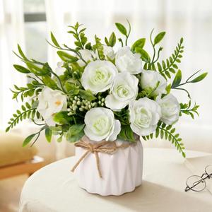 Artificial Silk Roses in Ceramic Vase 6.3" Realistic Faux Flower Arrangement for Home Decor, Wedding, Dining Table, Bathroom, Kitchen, Bedroom & Office (White)