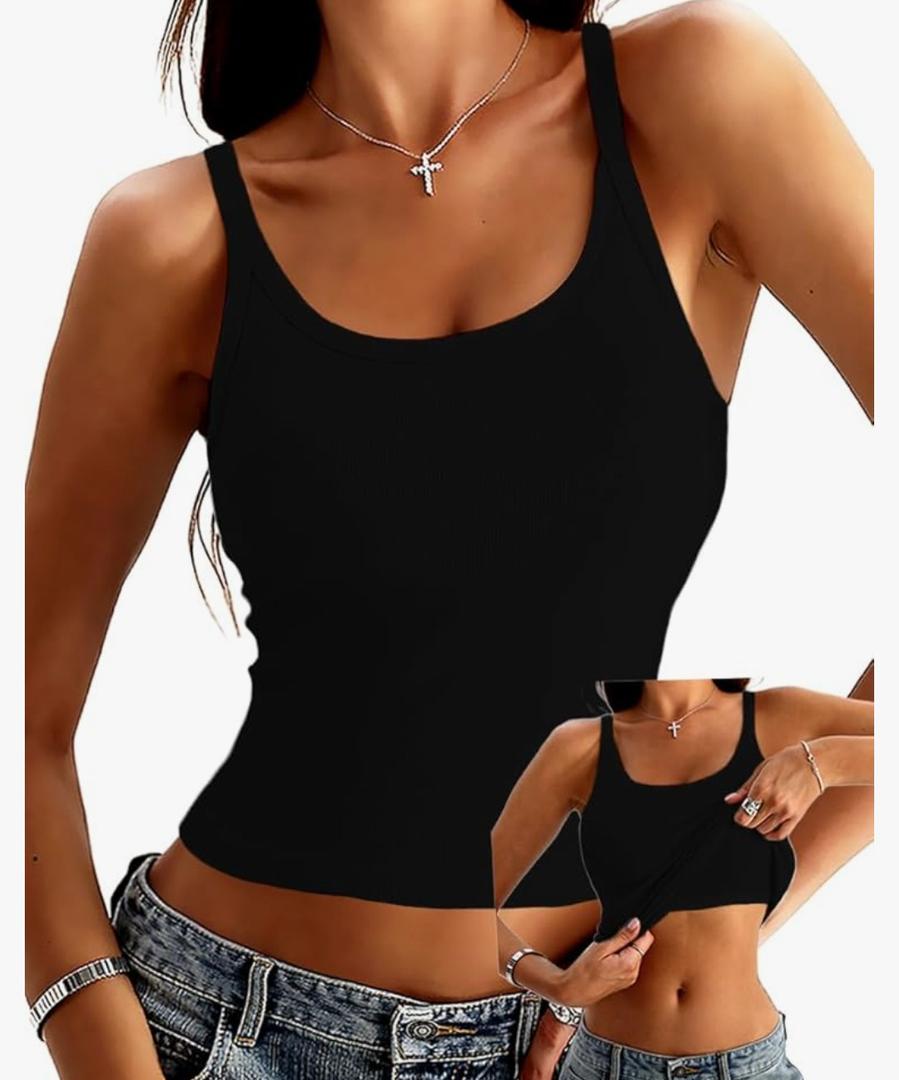 Danysu Women's Tank Tops with Bulit in Bras Scoop Neck Ribbed Fitted Knit Crop Halter Tops Spaghetti Strap Camisole Size Medium