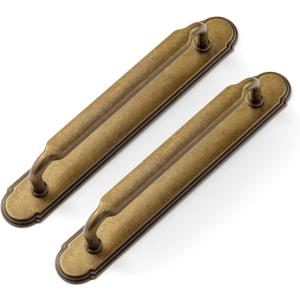 Goo-Ki 2 Pack Antique Brass Cabinet Pulls with Backplate Spacer, 5" Hole Center Kitchen Drawer Pulls Handles with Base Plate Zinc Alloy Hardware
