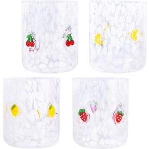 4 PCS 14 Ounce Icon Juice Glasses,Anthropology Glass Cups,Juice Drinking Cups,Four Patterns,Strong and Durable Glasses Are The Great Gifts for Friends!