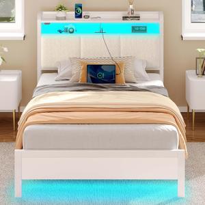 Rolanstar Bed Frame Twin Size with Charging Station and LED Lights, Upholstered Headboard with Storage Shelves, Heavy Duty Metal Slats, No Box Spring Need, Noise Free, Easy Assembly, White