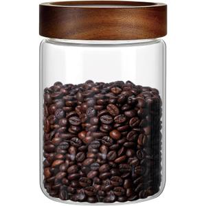28 Fl oz/850 ml Glass Food Storage Jar, Premium Clear Glass Container Jar with Airtight Screw-on Wooden Lid, Kitchen Canisters for Coffee, Tea, Pasta, Cookies, Nuts, Spice, Candy, Overnight Oatmeal, Medium