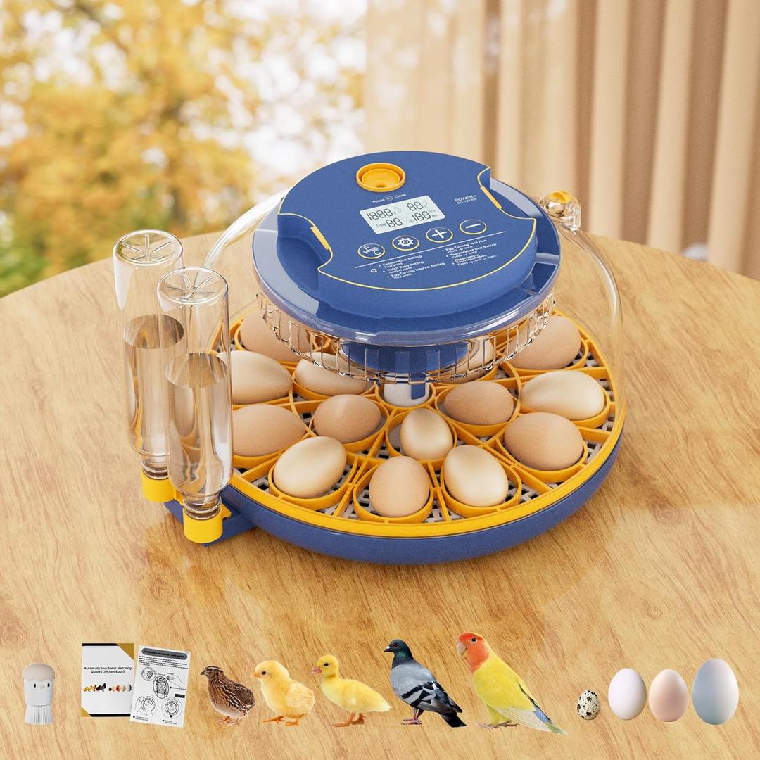 18 Egg Incubator, Automatic Turning & Smart Temp/Humidity Control, Built-in Candler, Plus Hatching Guide  for Chicken, Duck, Quail, Goose, Parrot, Pigeon, Ideal for Farm, Home, Lab, Classroom (Blue)