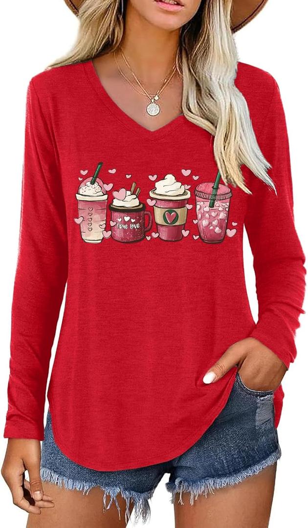 4 x Valentine V Neck Shirt for Women Cute Love Heart Long Sleeve Casual Tee Tops (Red, S)