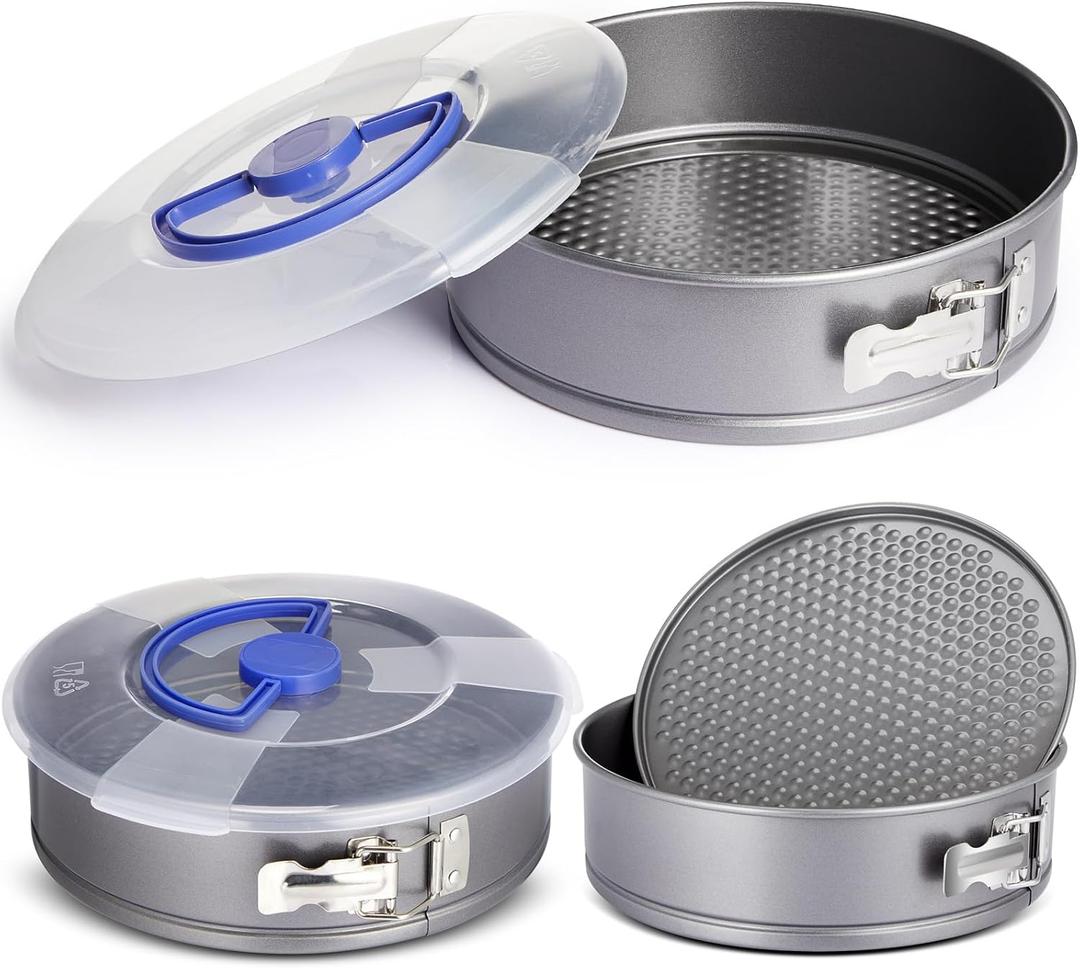 2 Pcs Springform Cheesecake Pan with Lid and Removed Bottom 9 Inch gray Non Stick Round Cake Pan Travel Friendly Carbon Steel Bakeware for Pie Cake Pizza
