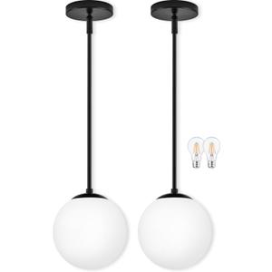 Bagood 8" Globe Pendant Light Black 2 Pack Mid Century Pendant Light Globe Pendant Lights Kitchen Island Matte Black Finished with Milk Glass Adjustable Ceiling Light Fixtures for Dining Room Bar