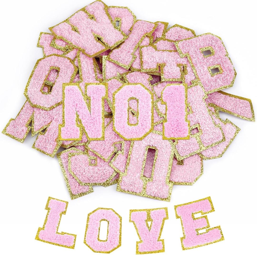 62 Pcs Self Adhesive Chenille Patches Pink Iron on Letters and Numbers Embroidered Patch for Clothes,Hats,Bags,Backpacks,Shoes (Pink)