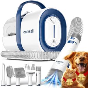 oneisall Dog Grooming Vacuum, Pet Grooming Vacuum with Clipper Nail Grinder, 1.5L Dust Cup Dog deshedding Vacuum Brush with 7 Pet Grooming Tools for Shedding Pet Hair, Home Cleaning (Blue)