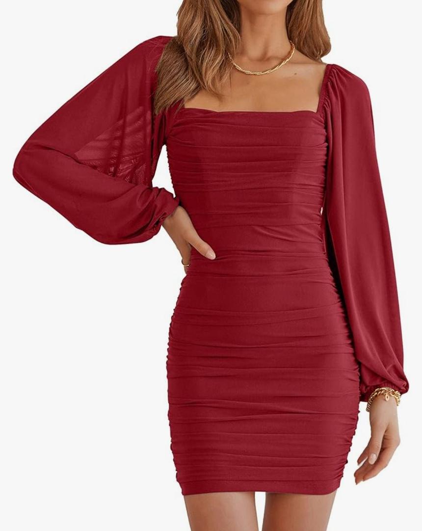 Women Elegant Square Neck Lantern Long Sleeve Mini Ruched Bodycon Dress Stretch Mesh Slim Party Cocktail Dress, S