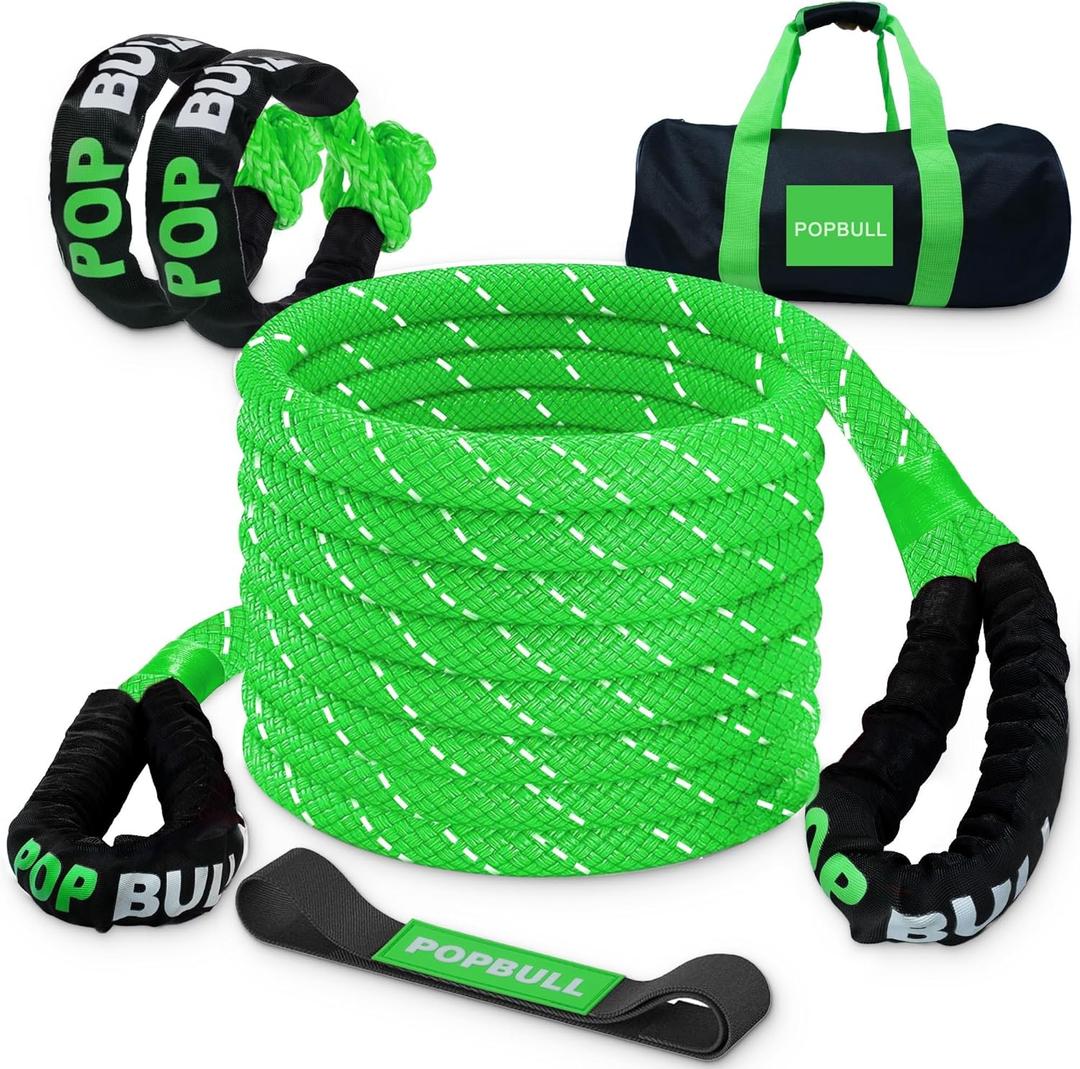 Kinetic Recovery Rope,(1in x 30ft Green) 48000lbs Snatch Strap, Heavy Duty Stretch Nylon Towing Ropes with 2pcs Soft Shackles for Offroad Vehicle, Jeep, SUV, ATV, Tractor Elastic Ropes Kit