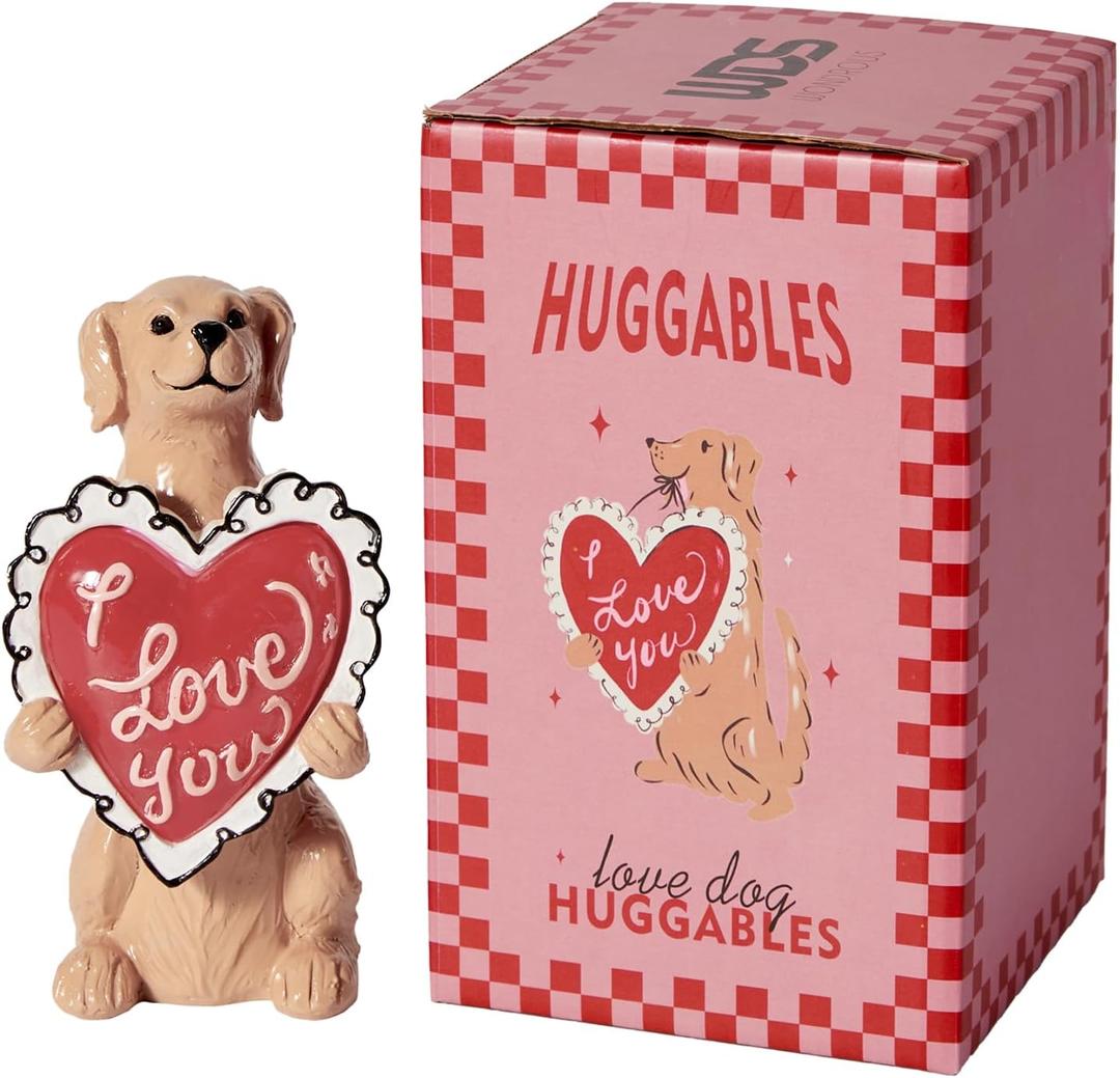 WDS WONDROUS Dog Figurine Light Up Valentine's Day Decoration, Valentine's Figurine Decor with I Love You Heart, Battery Powered Resin Dog Statue for Home Table Decor, Gift for Him Her Women