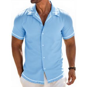Runcati Mens Short Sleeve Shirt Button Down Casual Cuban Linen Shirts Summer Beach Vacation Tops Sky Blue (Blue, XXL)