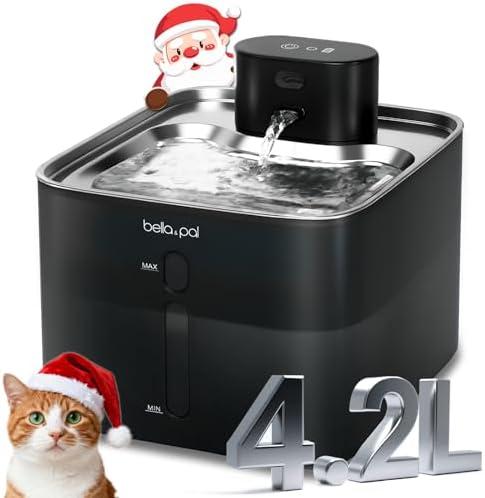 BELLA & PAL Wireless Cat Water Fountain: 4.2L/142oz Stainless Steel, 5000mAh Rechargeable Battery, Smart Motion Sensor, Quiet Integrated Pump, Easy to Clean, Mult-Pet Water Dispenser