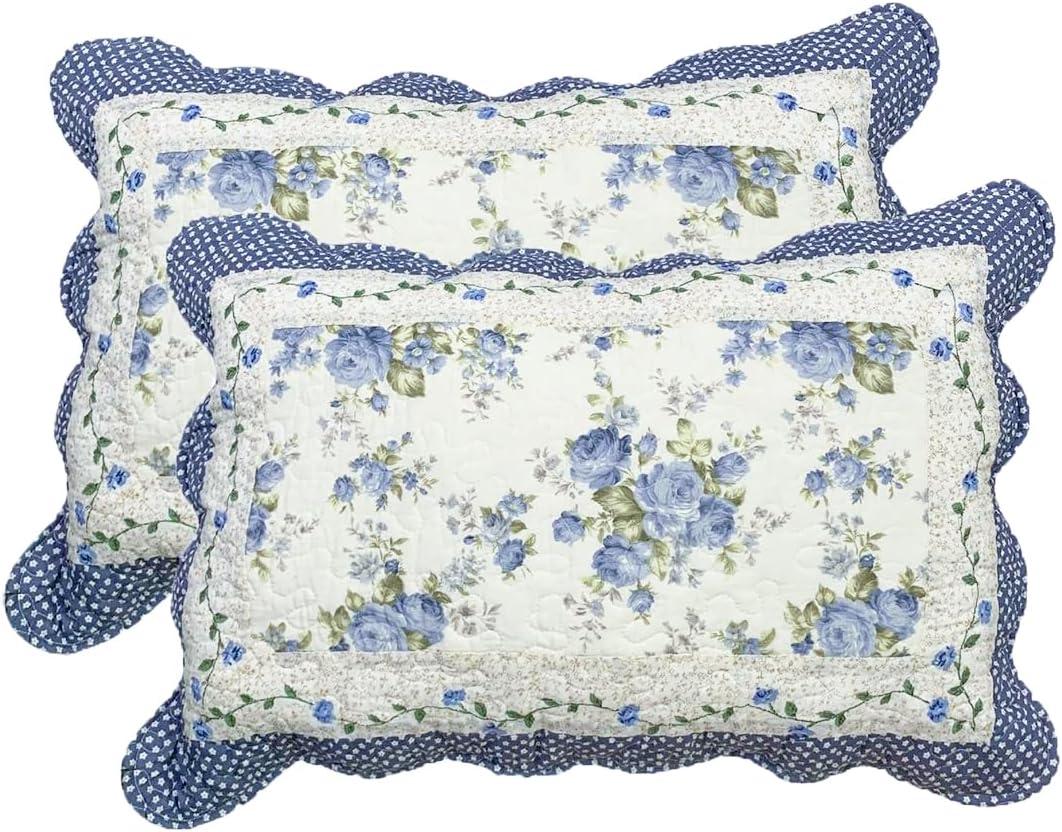 vctops 2-Piece Boho Cotton Quilted Bed Pillow Shams Floral Printed Patchwork Pillow Shams Set, Standard Size (510 Blue, 20"x28")