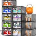 12 Pack Clear Shoe Storage Organizer with Magnetic Door, Stackable Plastic Shoe Boxes for Sneakers, Boots, and Heels, Space-Saving Foldable Shoe Rack for Closet, Durable Shoe Cabinet Organizer, Black
