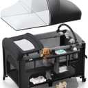 4 in 1 Baby Bassinet, Pack and Play, Bedside Crib Sleeper, Diaper Changer - Comes with Mattress, Mosquito NetBottom Storage and Toy Bar for Newborn to Toddles (Black)