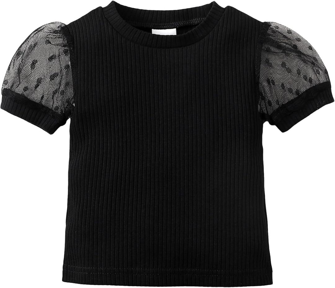 OPAWO Toddler Girl Shirts, Puff Dot Sleeve Baby Tee Shirt, Ribbed Short Sleeve T-Shirt, Solid Color Girls Tshirt Tops, 2T(Black,2-3Years)