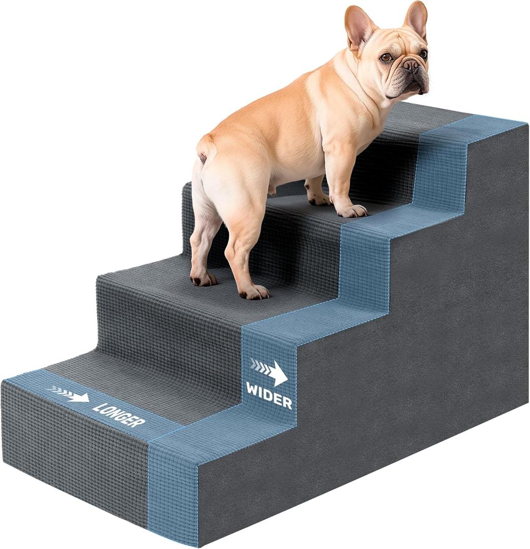 Dog Steps for Bed, Extra Wide 18" H Dog Stairs for Small Dogs, 4-Tier Pet Stairs with Washable Cover, Non-Slip Pet Steps for Dogs to Get On Bed (Grey)
