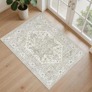2x3 Entryway Area Rug - Neutral Washable Rugs for Dining Room Kitchen Rug Vintage Soft Floor Mat Non Slip Indoor Farmhouse Carpet for Bathroom Bedroom (Beige)