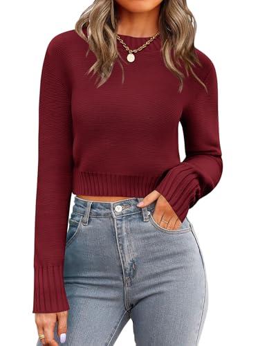 Zeagoo Women's 2025 Fall Crewneck Cropped Sweater Trendy Long Sleeve Ribbed Knit Pullover Jumper Tops , S