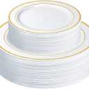 SETUP 60-Piece Gold Trim Plastic Dinnerware Set  30 10.25" Dinner & 30 7.5" Salad Plates  Heavy-Duty Disposable for Weddings, Catering, Parties