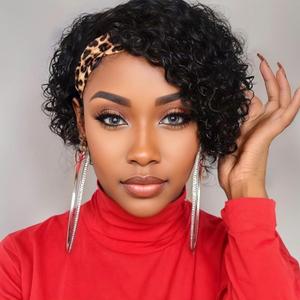 Headband Wig Human Hair Wigs for Black Women Short Curly Human Hair Put on and Go Glueless Wig Natural Black Curly Headband Wigs 8inch