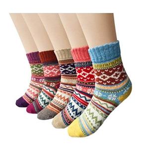 Women's 5 Pairs Vintage Style Winter Knitting Warm Wool Crew Socks, A-Wave, Free Size Multi Color