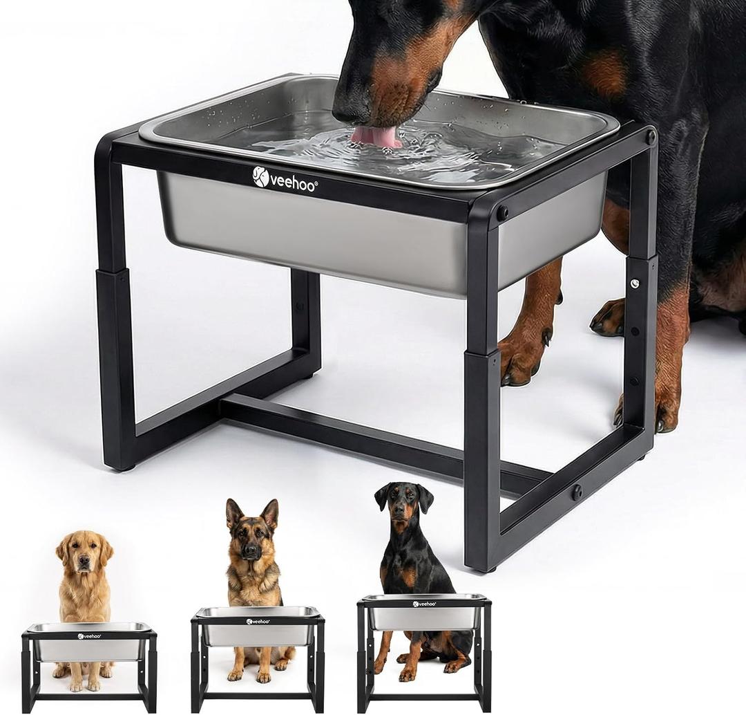 Veehoo 2.4 Gallon Elevated Dog Water Bowl, Stainless Steel Raised Dog Water Bowl Stand for Large Breeds, 3 Adjustable Heights Tall Dog Feeding Station for Relief Joint Pressure, Indoor & Outdoor